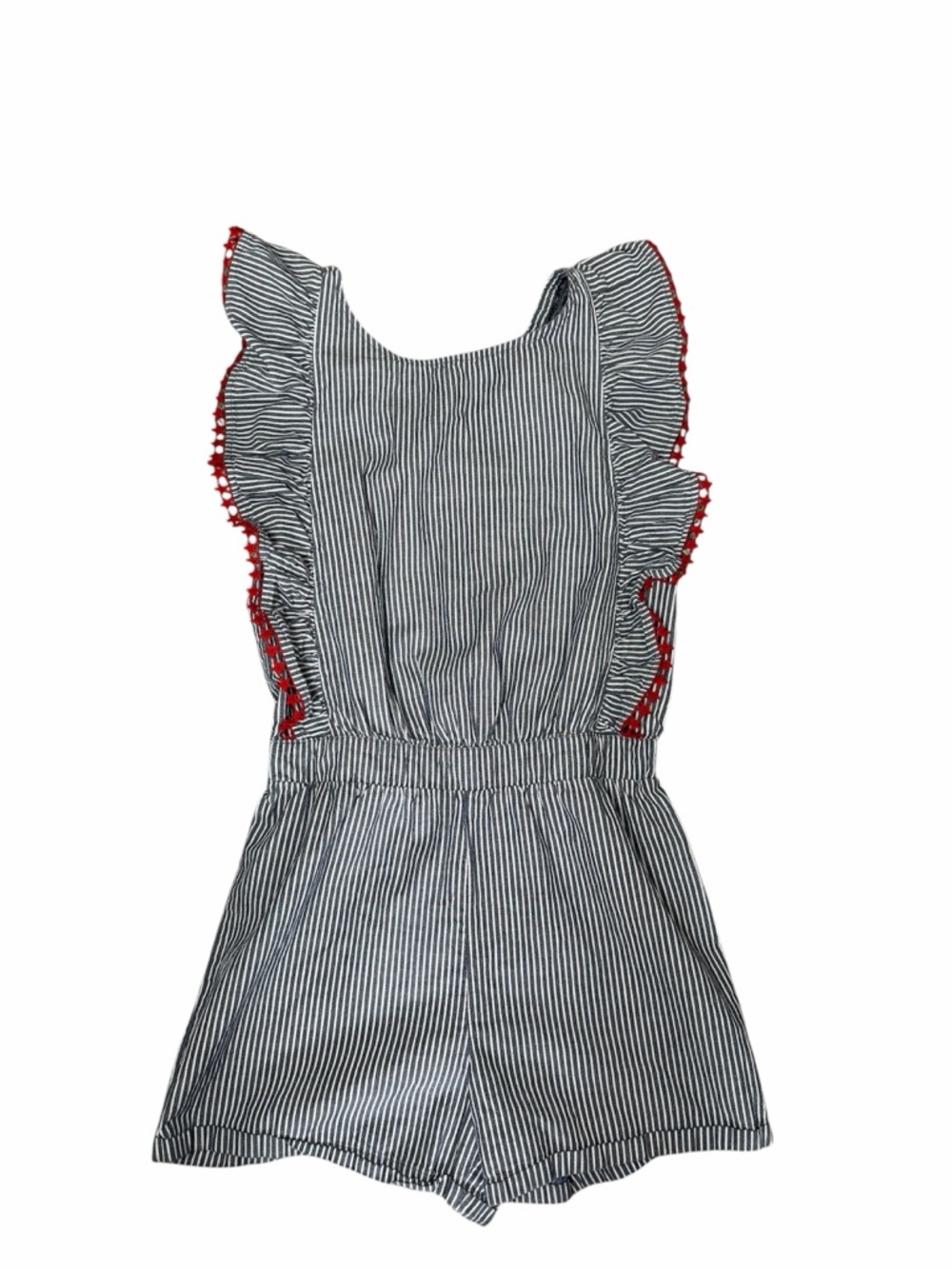 Cat & Jack Girls Striped Romper Size 10/12 Ruffle Sleeve Red Trim Summer